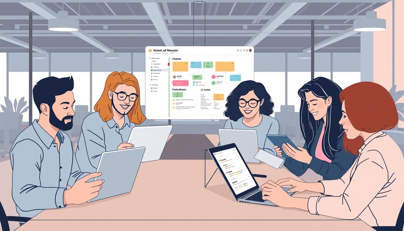 Generate an image of a team using Asana to manage their project workflows and dependencies.