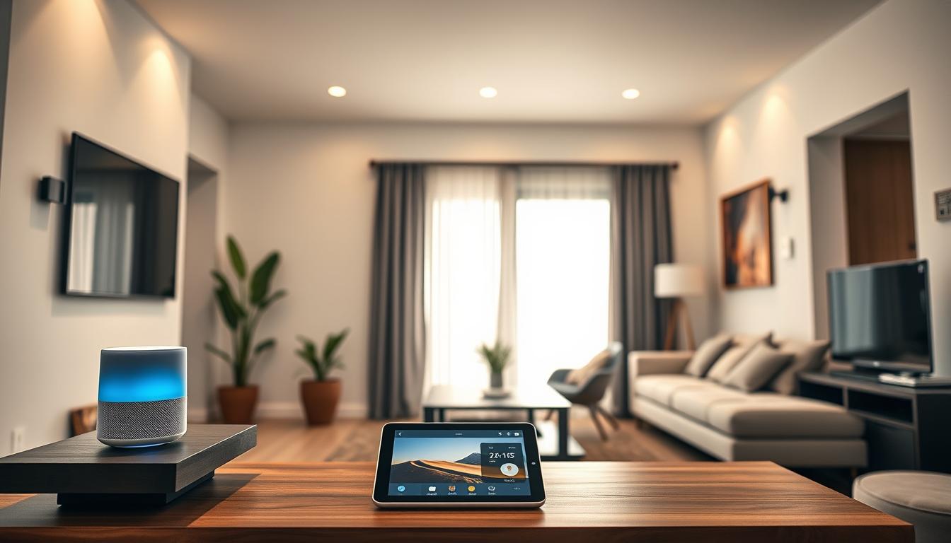 A modern, well-lit living room interior showcasing an array of cutting-edge smart home devices. In the foreground, a sleek and minimalist voice-controlled smart speaker sits on a floating shelf, its LED indicator pulsing gently. On the coffee table, a tablet-sized smart display displays ambient weather and calendar information. In the middle ground, a smart security camera unobtrusively monitors the room, blending seamlessly into the decor. In the background, a smart thermostat and smart light switches are subtly integrated into the walls, creating a cohesive, technologically-enhanced living environment. The overall atmosphere is one of sophisticated automation and convenience, hinting at the future of the connected home.
