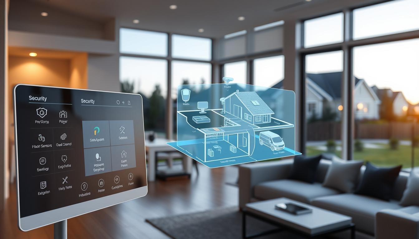 A well-lit modern home interior with a focus on smart security planning. In the foreground, a sleek, minimalist control panel displaying various security functions and smart home integration options. The middle ground features a 3D holographic projection of a floor plan, with different security sensors and devices highlighted. In the background, large windows offer a scenic view of a suburban neighborhood, with discreet exterior cameras and lighting visible. The overall atmosphere is one of technological sophistication, seamless integration, and a sense of secure, connected living.