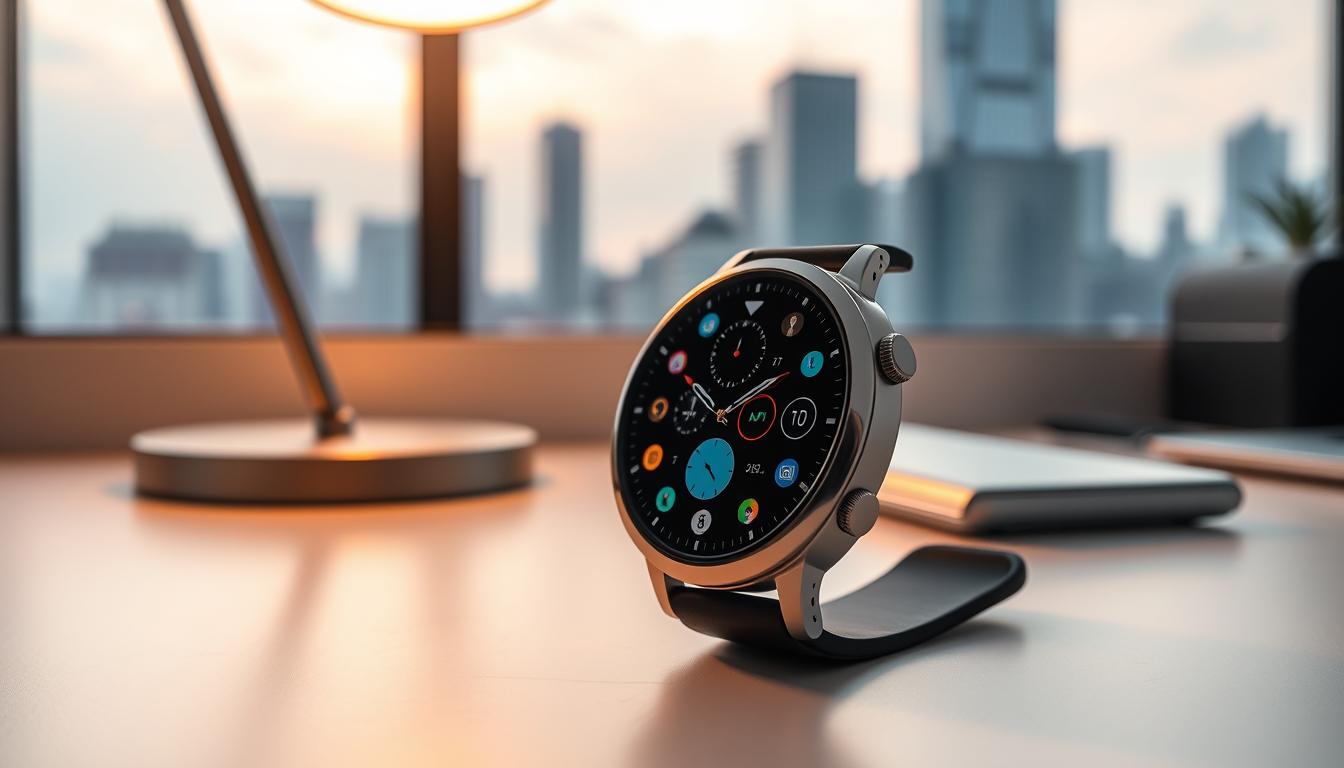 A sleek and sophisticated smartwatch sits prominently on a minimalist desk, its display showing a range of productivity-focused apps and interfaces. The watch face reflects the warm glow of a desk lamp, casting a soft light across the scene. In the background, a large window offers a view of a bustling city skyline, hinting at the smartwatch's role in keeping the wearer connected and efficient, even on the go. The composition emphasizes the watch's central role as a powerful productivity tool, seamlessly blending form and function to elevate the modern workplace.