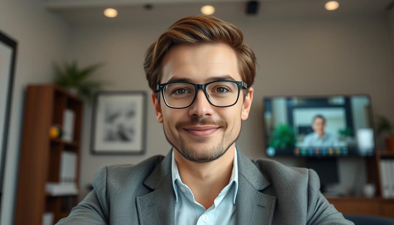Generate an image of a person using a 1080p webcam for a video meeting