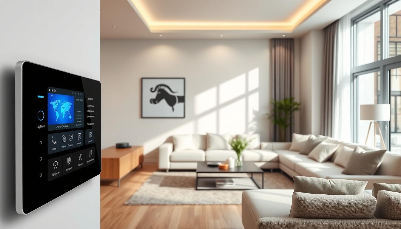 A modern, well-lit living room with sleek, minimalist furniture. In the foreground, a smart home control panel with touchscreen displays, voice commands, and intuitive interfaces for managing lighting, temperature, security, and entertainment systems. In the background, subtle technological elements like hidden speakers, motion sensors, and discreet cameras seamlessly integrated into the decor. The scene conveys a sense of effortless convenience and technological sophistication, hinting at the efficient automation of daily household tasks. Crisp, high-resolution rendering with a balanced, natural color palette.