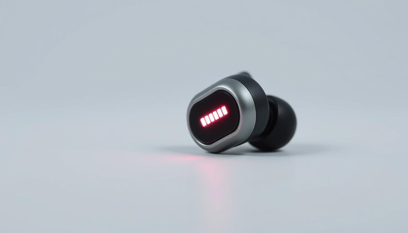A close-up view of a wireless earbud, its battery indicator rapidly depleting, set against a plain backdrop. The earbud is positioned at a slight angle, capturing the intricate details of its metallic casing and the blinking LED light signaling the draining power. Soft, directional lighting illuminates the scene, casting subtle shadows that accentuate the earbud's form. The overall mood is one of concern and frustration, reflecting the common problem of wireless earbud battery drain.