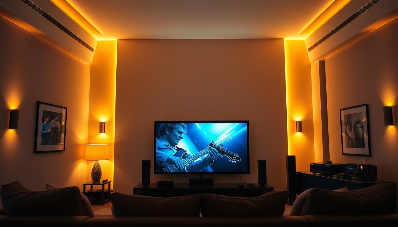 A living room illuminated by a sleek, modern smart lighting system, synchronized with the rhythmic pulses of a high-fidelity home theater setup. Warm, dynamic lighting fixtures are seamlessly integrated into the room's architecture, responding to the ebb and flow of the music or movie with subtle changes in color temperature, intensity, and direction. Strategically placed sensors and intelligent control modules orchestrate this immersive, technology-enabled lighting experience, creating an atmosphere of heightened ambiance and cinematic immersion.