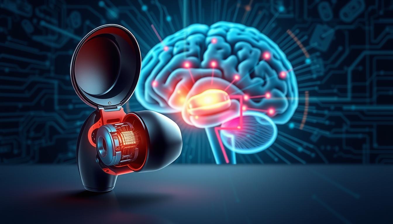 High-resolution, detailed illustration of wireless earbuds showing the neurological differences compared to traditional headphones. Earbuds in the foreground with an exploded view revealing their internal components and circuitry. In the middle ground, a view of the human brain with highlighted regions that are impacted by the use of wireless earbuds, such as the auditory cortex, prefrontal cortex, and limbic system. The background should feature a technical illustration of the electromagnetic waves and signals transmitted by the wireless earbuds, as well as the neural pathways and connections they stimulate. The overall mood should be informative and scientific, with a sense of technological sophistication.