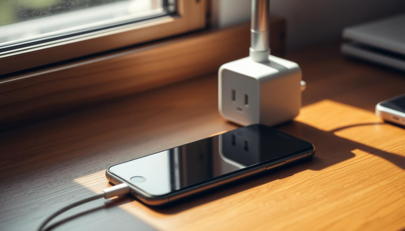 A smartphone placed on a wooden desk, its charging cable plugged into a modern, sleek power adapter. Warm, natural lighting filters through a nearby window, casting soft shadows and highlights across the scene. The phone's screen is dimly lit, indicating it is in the process of charging. The overall composition conveys a sense of efficiency and organization, with the charging setup being a simple yet essential element of the user's daily routine.