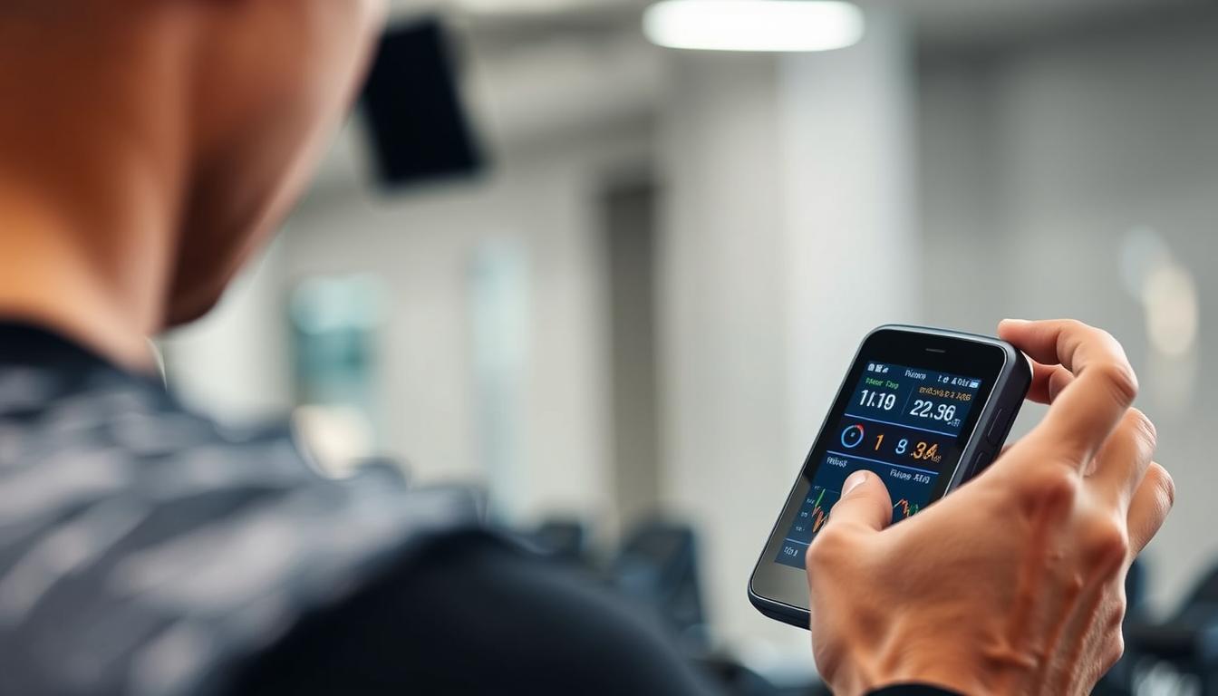 Image of a person analyzing workout data on a fitness tracker