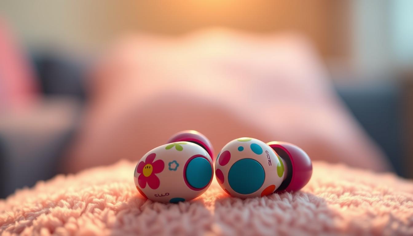 A vibrant and engaging image of &amp;quot;kids earbuds&amp;quot; that reflects the subject and section title: A pair of colorful, child-sized wireless earbuds resting on a soft, plush surface. The earbuds are designed with whimsical patterns and characters, appealing to young users. The lighting is warm and diffused, creating a cozy, inviting atmosphere. The background blurs gently, keeping the focus on the earbuds as the central subject. The camera angle is slightly elevated, giving a playful, almost eye-level perspective for the viewer. The overall mood is one of comfort, safety, and suitability for a child's needs.