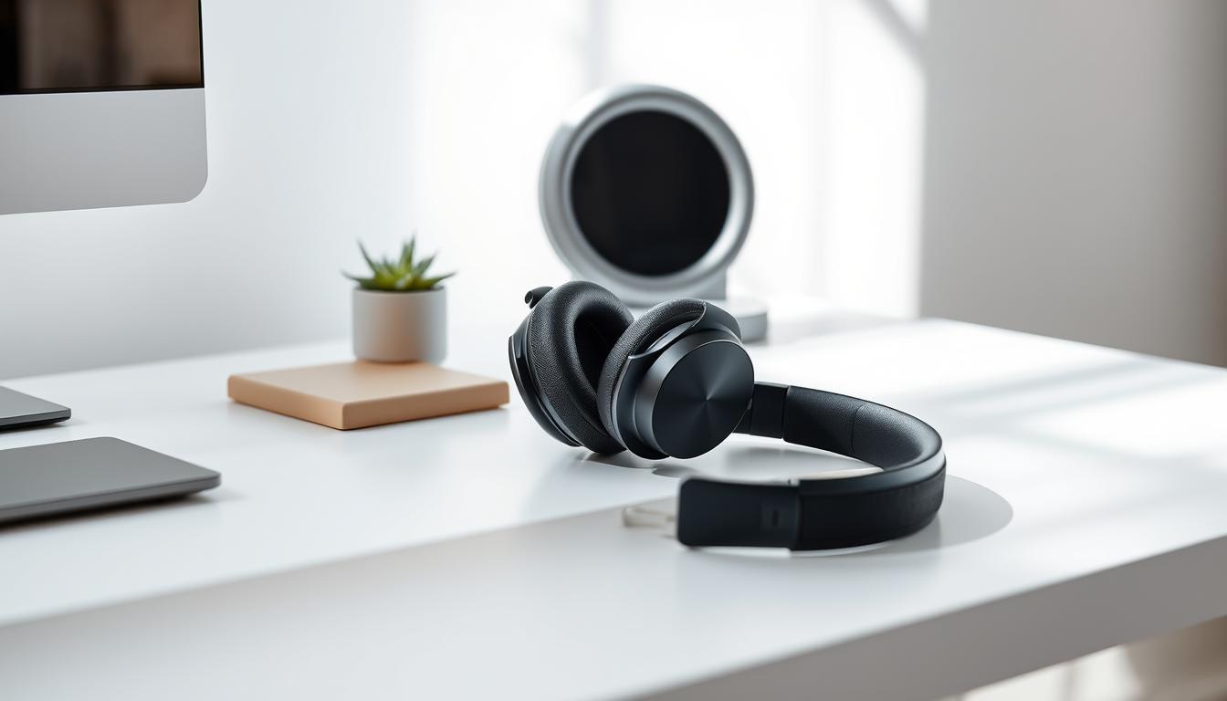 Generate an image of Wyze Labs Noise-Cancelling Headphones on a clean, minimalist desk.