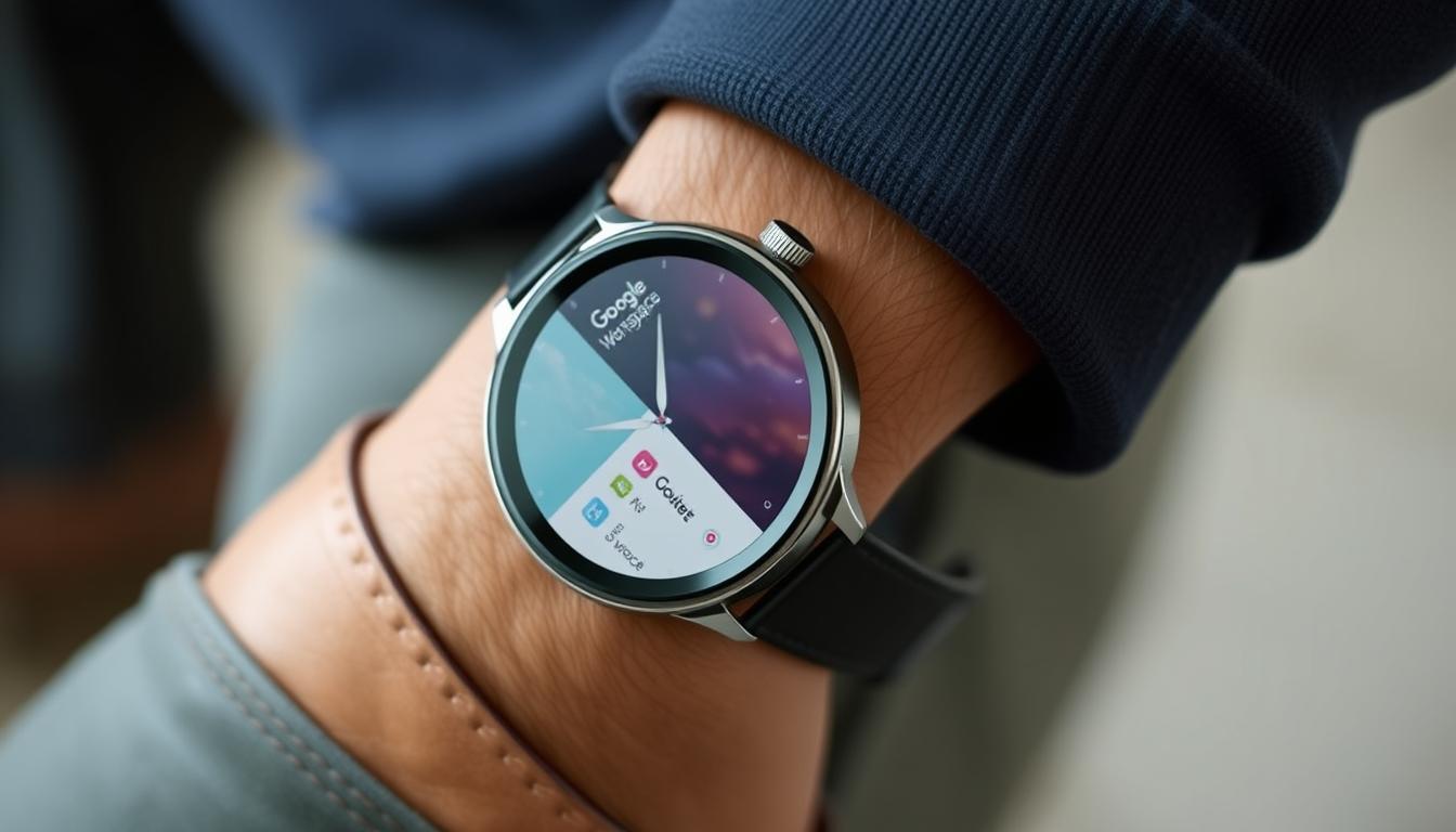 Generate an image of the Google Pixel Watch3 on a wrist, with a Google Workspace app open on the screen.