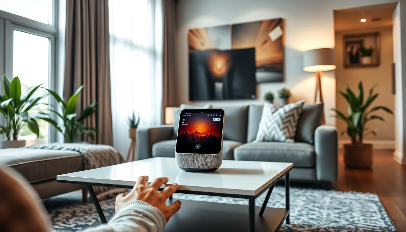 Generate an image of a Google Home device being set up.