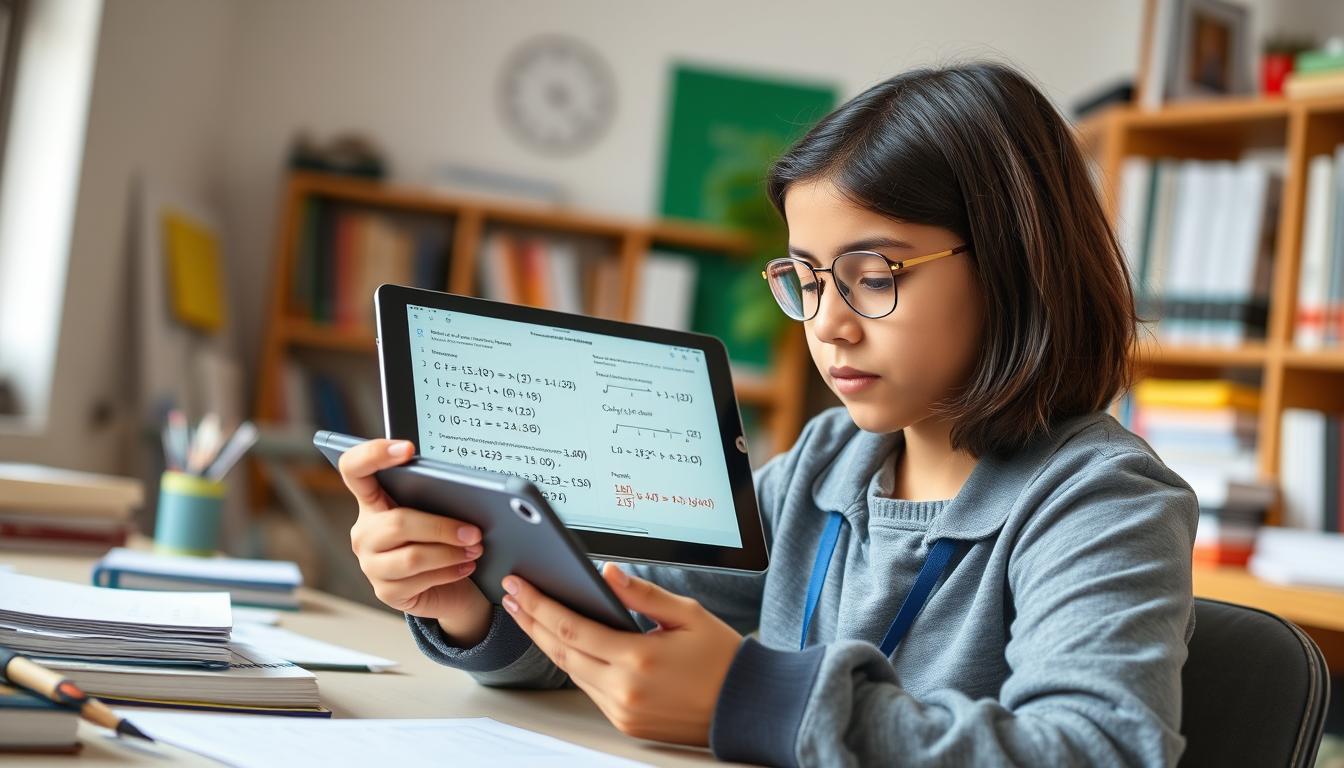 Generate an image of a STEM student using Goodnotes on a tablet to solve complex math equations.