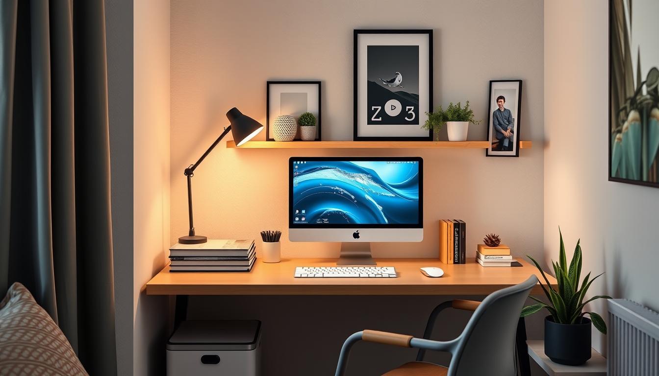 Generate an image of the Ikea Vattenkar Desktop Shelf in a compact home office setting.