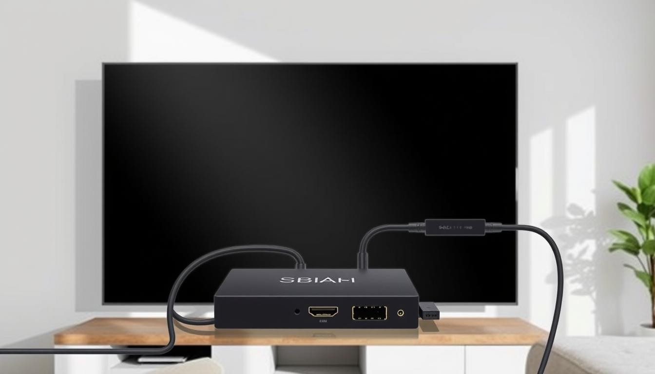 Generate an image of an HDMI Sync Box connected to a TV.