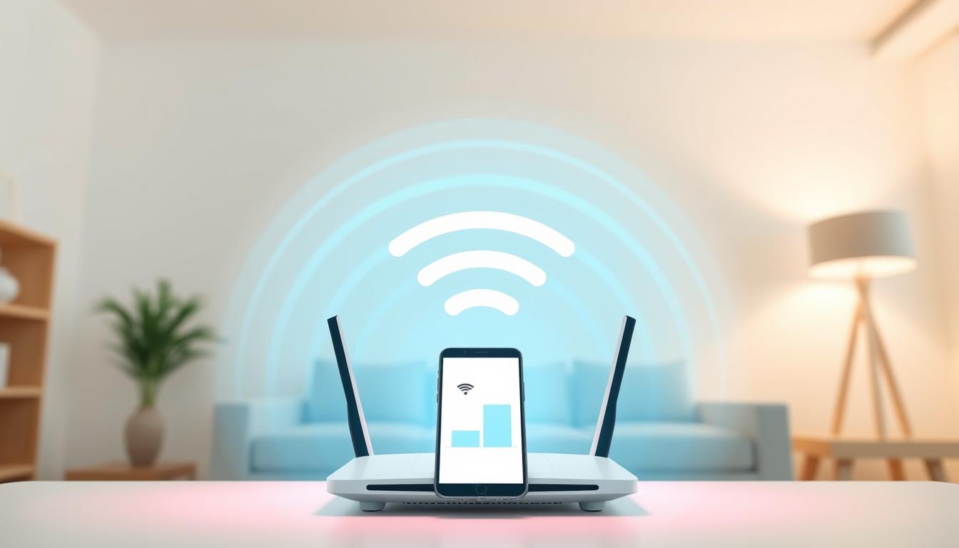 A well-designed Wi-Fi signal strength improvement diagram illuminated by a warm, soft lighting. In the foreground, a modern wireless router with sleek, minimalist design emits strong, radiant Wi-Fi waves. The middle ground showcases a smartphone or tablet, its screen displaying a visual representation of the improved signal strength, with bars or a percentage indicator. The background features a simple, clean interior setting, with neutral tones and clean lines to emphasize the technical focus. The overall composition conveys a sense of clarity, efficiency, and the ability to optimize Wi-Fi connectivity for smart devices.