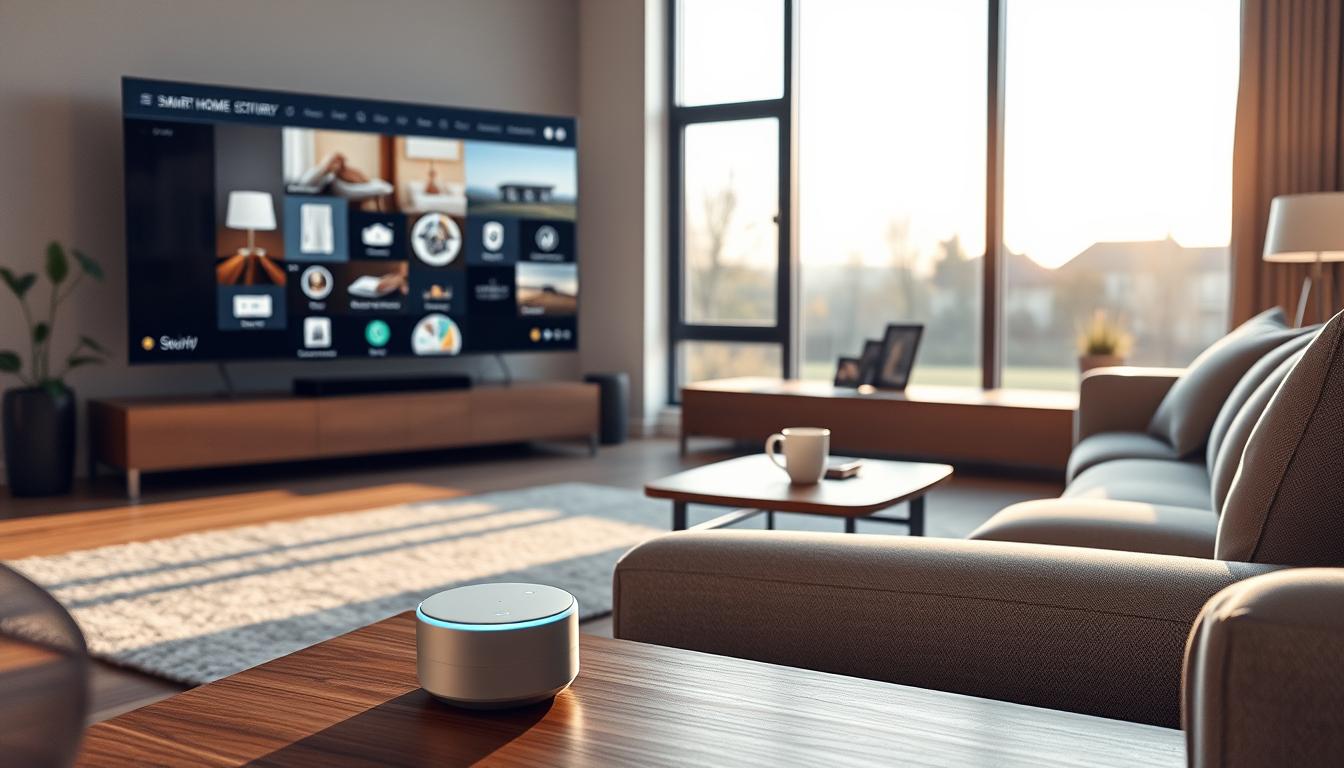 A modern, well-lit interior of a smartly-appointed smart home living room. In the foreground, a sleek, minimalist home assistant device sits on a low, wooden coffee table, its soft lights pulsing as it responds to voice commands. In the middle ground, a large flatscreen TV displays a digital smart home interface, showcasing various connected home systems like lighting, climate control, and security. The background features large windows overlooking a tranquil suburban landscape, natural daylight filtering in and casting a warm, cozy glow throughout the space. The overall atmosphere is one of technological sophistication seamlessly integrated into a comfortable, inviting domestic setting.