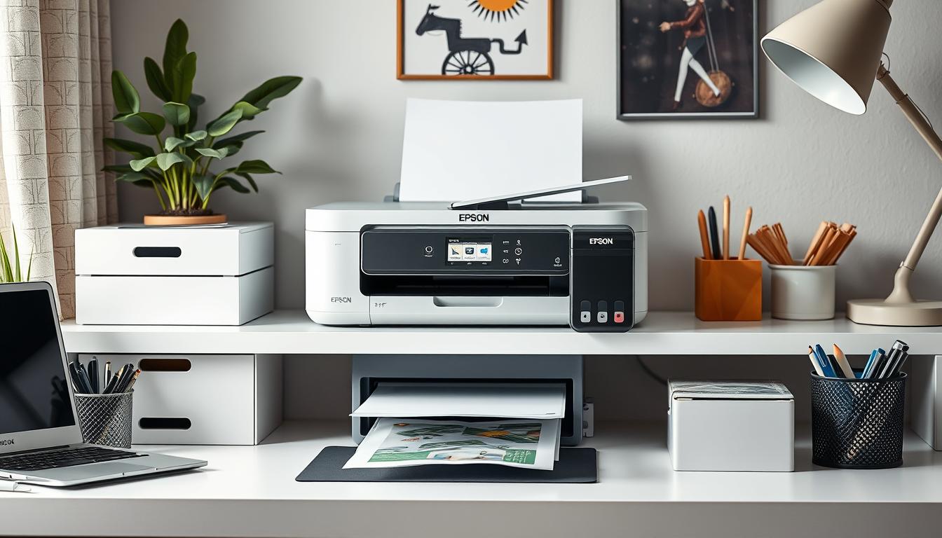 Generate an image of the Epson Expression Home XP-4200 printer on a home office desk.