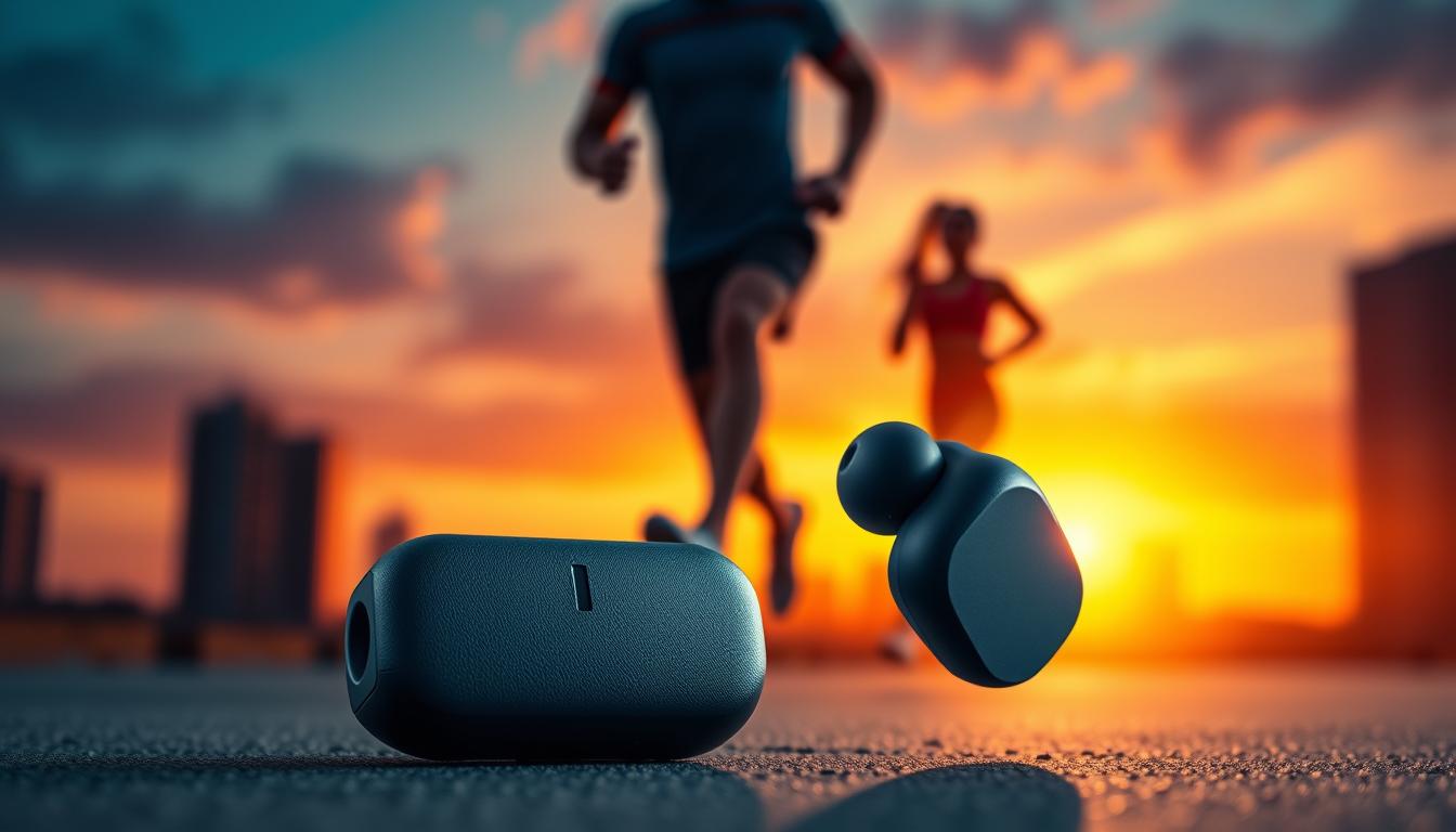 A pair of sleek, lightweight wireless earbuds in a sporty, modern design. The earbuds are prominently displayed in the foreground, with a vibrant, energetic background featuring a dynamic fitness scene - a person jogging, silhouetted against an urban skyline at sunset. The earbuds have a matte, textured surface in a bold, eye-catching color that complements the fitness-oriented aesthetic. Soft, directional lighting illuminates the earbuds, creating a sense of depth and highlighting their intricate details. The overall composition conveys the importance of specialized, high-performance earbuds for an active, fitness-focused lifestyle.