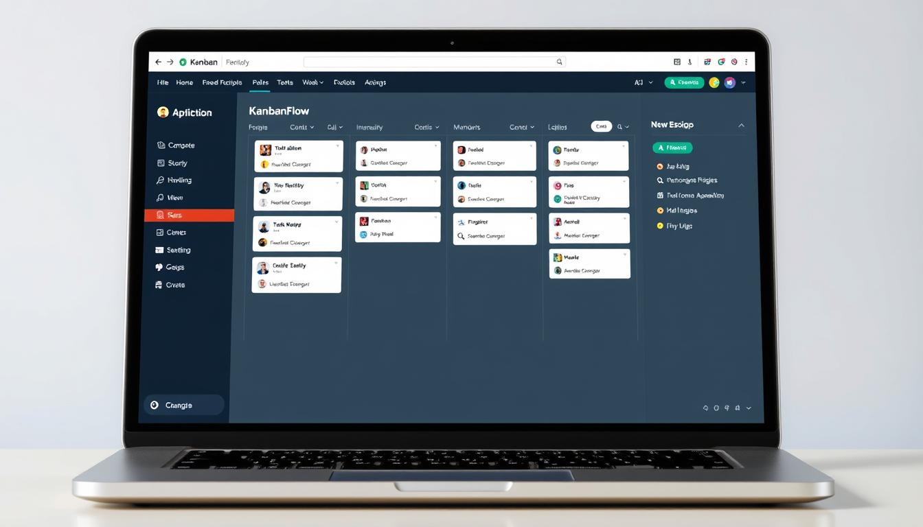 Generate an image of KanbanFlow's project management interface on a laptop screen.