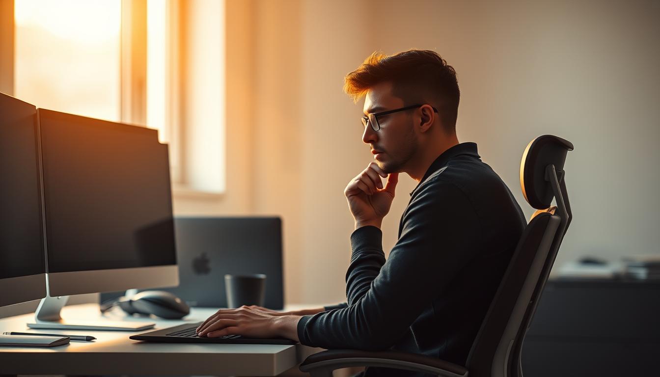 A pensive figure sits at a desk, surrounded by a serene, minimalist workspace. Warm lighting from a window illuminates the scene, casting a soft glow on the contemplative expression of the subject. Sleek, ergonomic furniture and a streamlined monitor setup suggest a thoughtfully designed, efficient environment optimized for cognitive performance. The background blurs into a hazy, introspective atmosphere, inviting the viewer to consider the nuances of the digital age and the importance of harmonizing technology with the human mind.