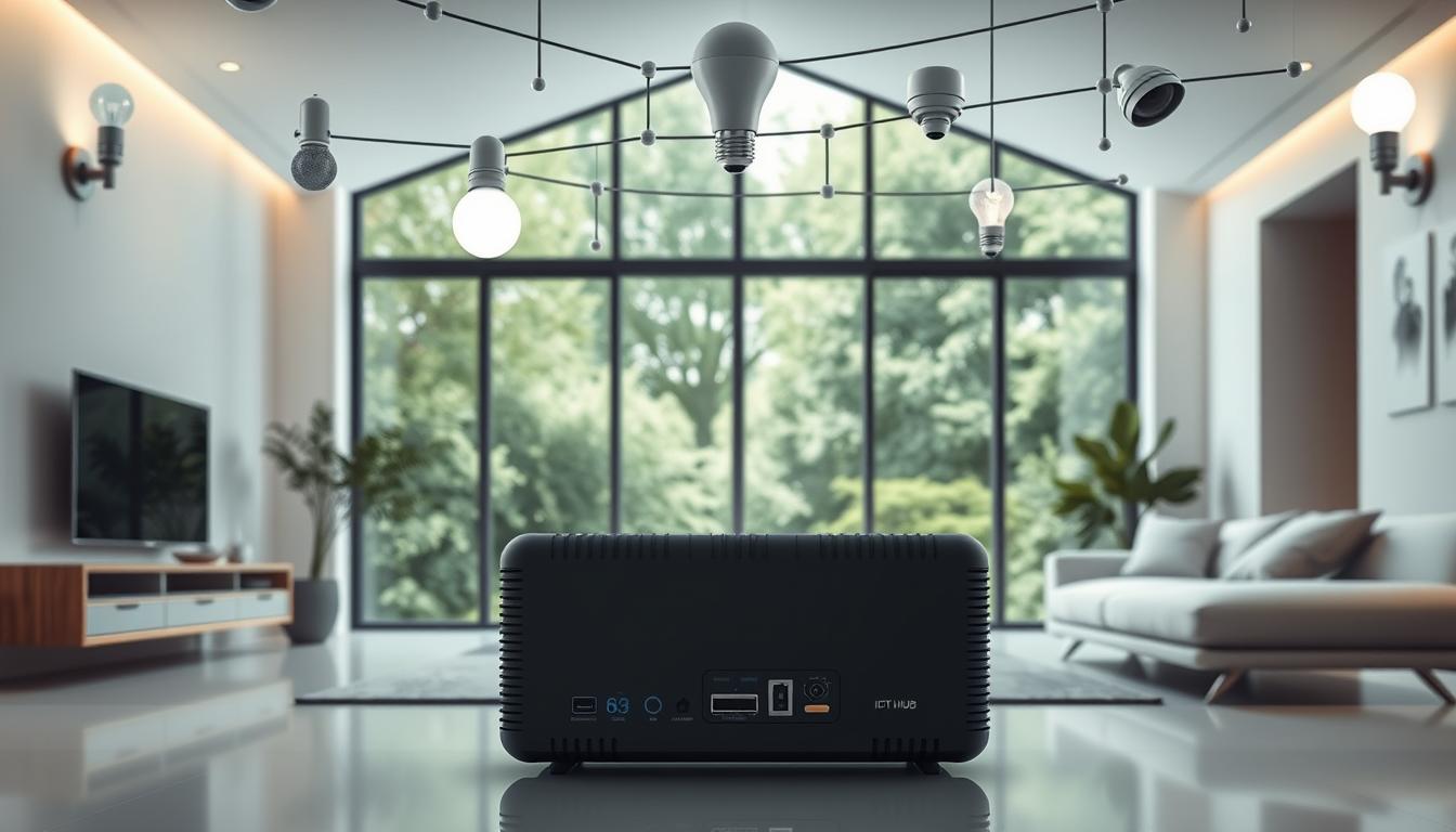 A minimalist smart home interior with sleek, modern furniture and fixtures. In the foreground, a central IoT hub device with various sensors and connectivity ports. Overhead, a network of smart light bulbs, thermostats, and security cameras seamlessly integrated into the home. In the background, a large window showcases a lush, verdant outdoor landscape. Soft, diffused lighting creates a calming, futuristic ambiance. The composition highlights how IoT technology can seamlessly blend into a smart home environment, revolutionizing comfort, energy efficiency, and home security.