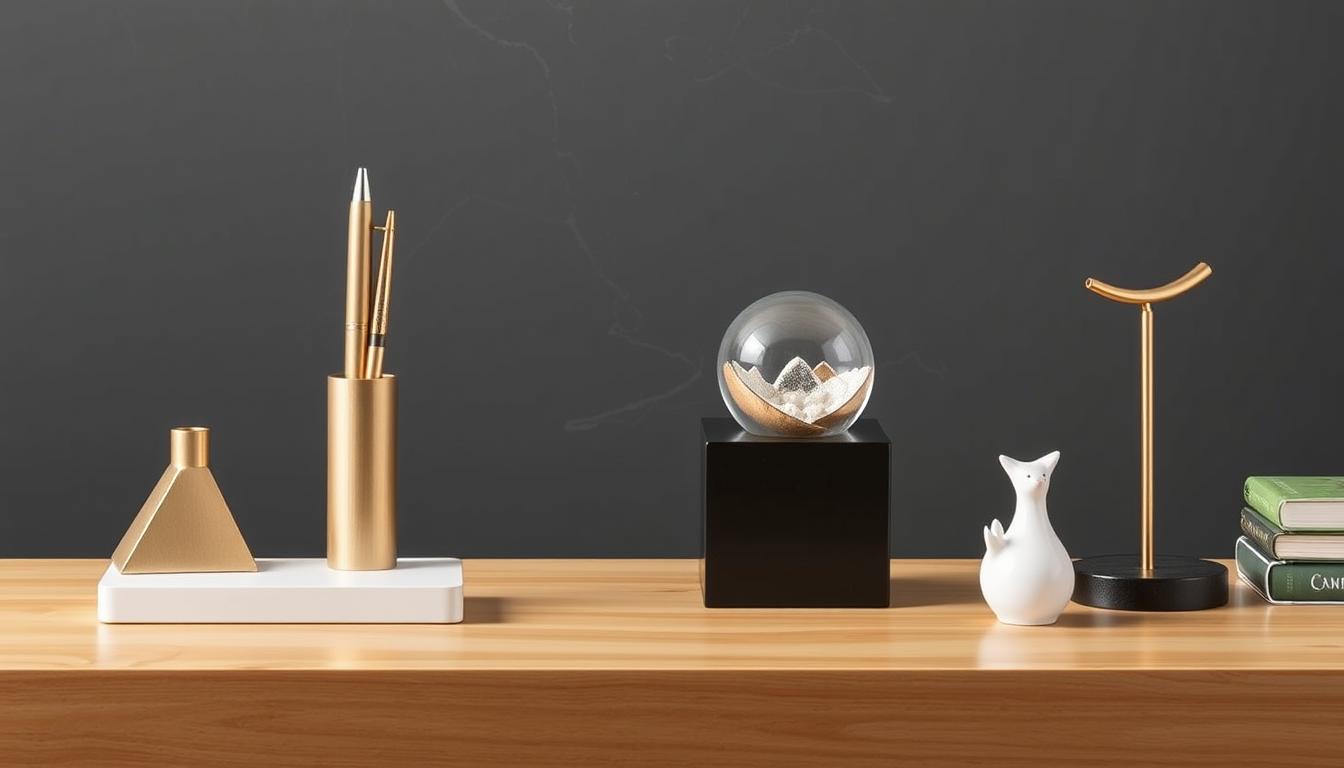 Stylish desk accessories like pen holders, paperweights, and decorative figurines