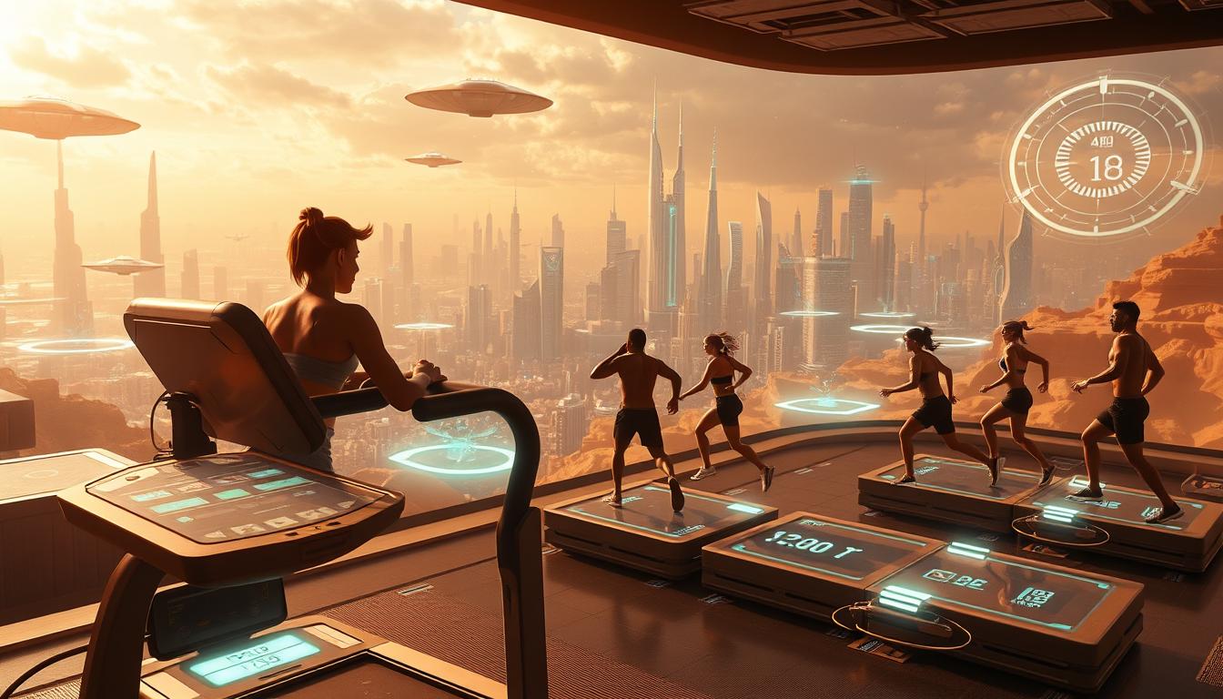 An epic fantasy scene of a gamified fitness world, bathed in a golden glow. In the foreground, a futuristic exercise machine with glowing interfaces and holographic overlays, inviting the user to engage in a high-intensity workout. Surrounding it, a vibrant virtual landscape with floating platforms, holographic obstacles, and dynamic scoring elements that reward the player's exertion and agility. In the middle ground, a group of fit, energetic individuals competing against each other, their movements synchronized with the game's feedback and challenges. In the background, a sprawling cityscape of gleaming towers and neon-lit skyscrapers, reflecting the integration of gaming and fitness into daily life. An atmosphere of excitement, immersion, and a sense of breaking through the boundaries of traditional exercise.