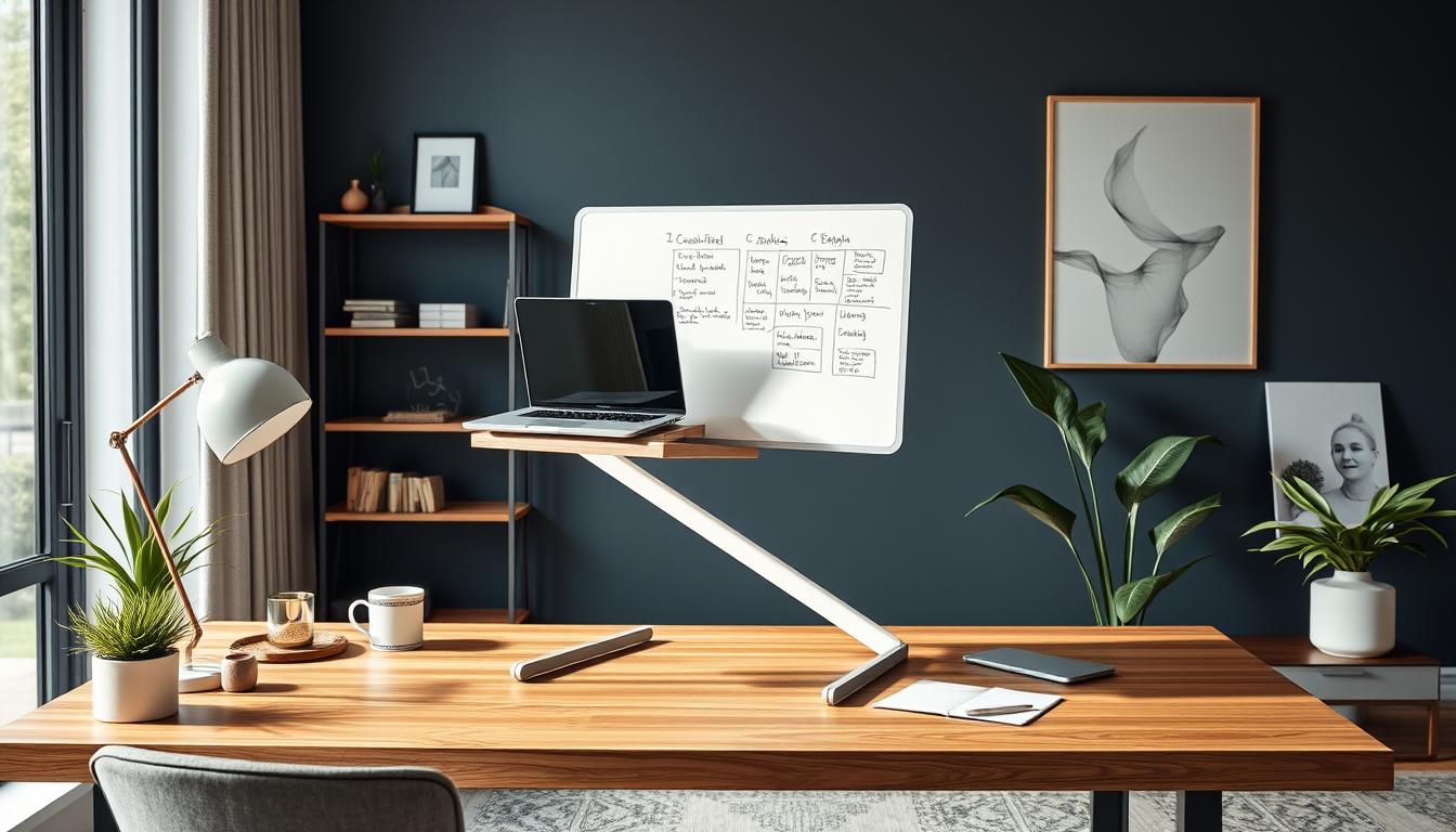 Generate an image of the Fluidstance Lift 2-in-1 Laptop Riser in a modern home office setup, with a laptop elevated and a whiteboard surface in use.