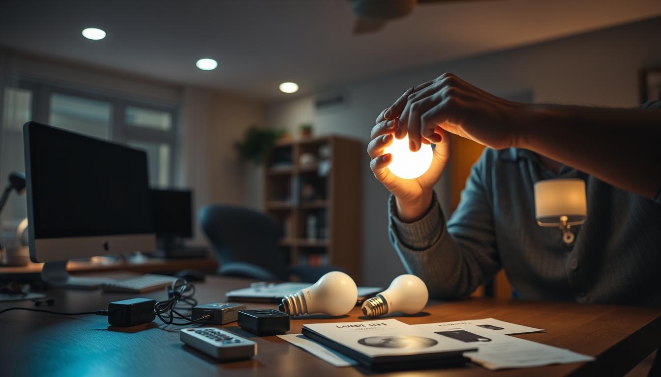 A dimly lit home office with a desk, computer, and various smart lighting devices. In the foreground, a person troubleshooting a smart light bulb, examining the connections and checking the power supply. On the desk, an array of smart lighting accessories, including a remote control, power adapter, and installation guides. The middle ground shows the home office interior, with subtle ambient lighting from recessed ceiling fixtures and a table lamp. The background portrays a warm, cozy atmosphere with soft, indirect lighting, suggesting a relaxed, problem-solving environment.