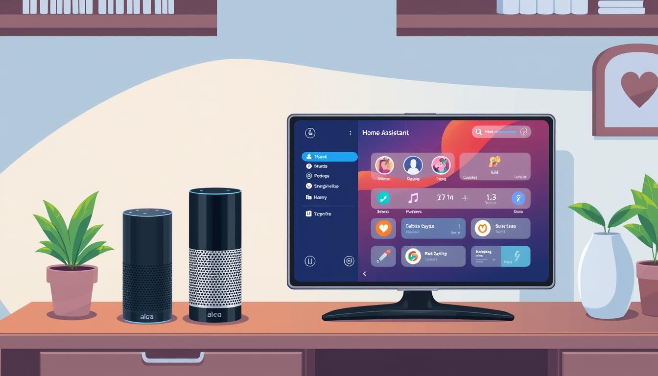 Image of a smart home setup with Alexa and Home Assistant interface