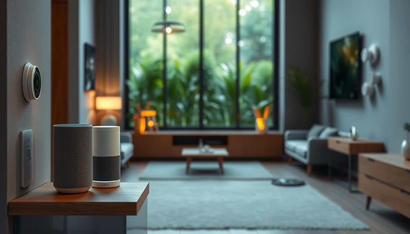 A sleek, modern smart home filled with intelligent devices and seamless automation. In the foreground, a voice-activated smart speaker sits atop a minimalist wooden shelf, its glowing interface inviting interaction. The middle ground showcases a smart thermostat, lighting controls, and security cameras discreetly blending into the minimalist, gray-toned decor. In the background, a large window offers a view of a lush, green garden, illuminated by warm, natural light. The overall scene conveys a sense of effortless convenience and harmony, where technology enhances the comfort and efficiency of daily tasks.