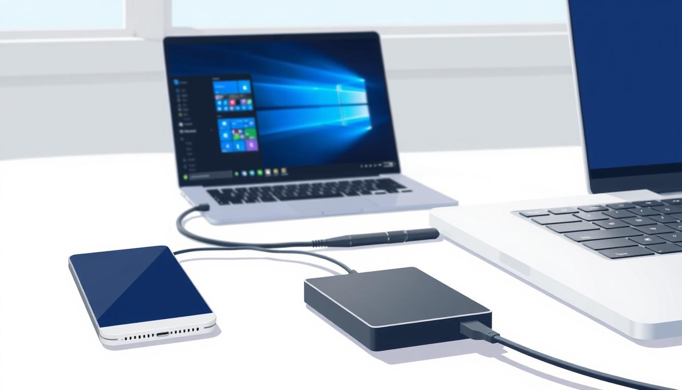 Image of a portable SSD connected to a laptop