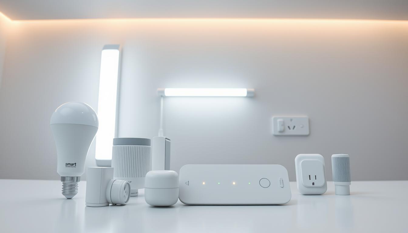 A sleek, modern arrangement of smart lighting system components, showcasing a variety of devices in a well-lit, minimalist setting. In the foreground, a smart bulb, a motion sensor, and a wireless control panel are neatly displayed on a white surface, their streamlined designs and indicator lights highlighting their technological capabilities. In the middle ground, a smart light strip and a smart plug socket are mounted on a crisp, gray wall, subtly integrated into the overall smart home aesthetic. The background features a softly illuminated ceiling, casting a warm, ambient glow that enhances the sophisticated, high-tech atmosphere. The entire scene is captured with a clean, professional camera angle, emphasizing the precision and elegance of the smart lighting system components.