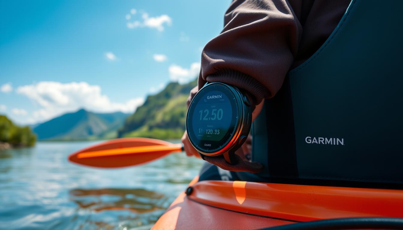 Generate an image of the Garmin Instinct2 being used during a kayaking trip.