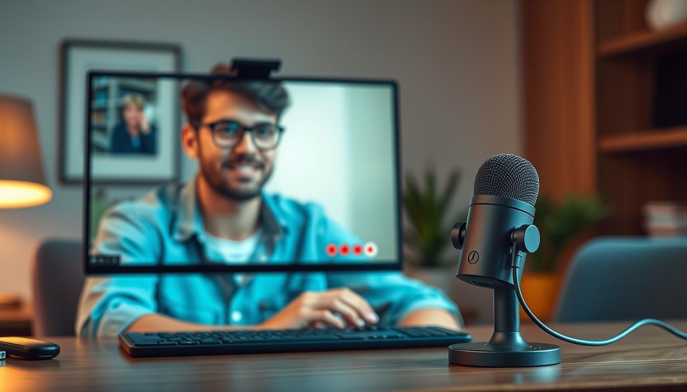 Generate an image of a USB microphone on a desk in front of a person participating in a video call.