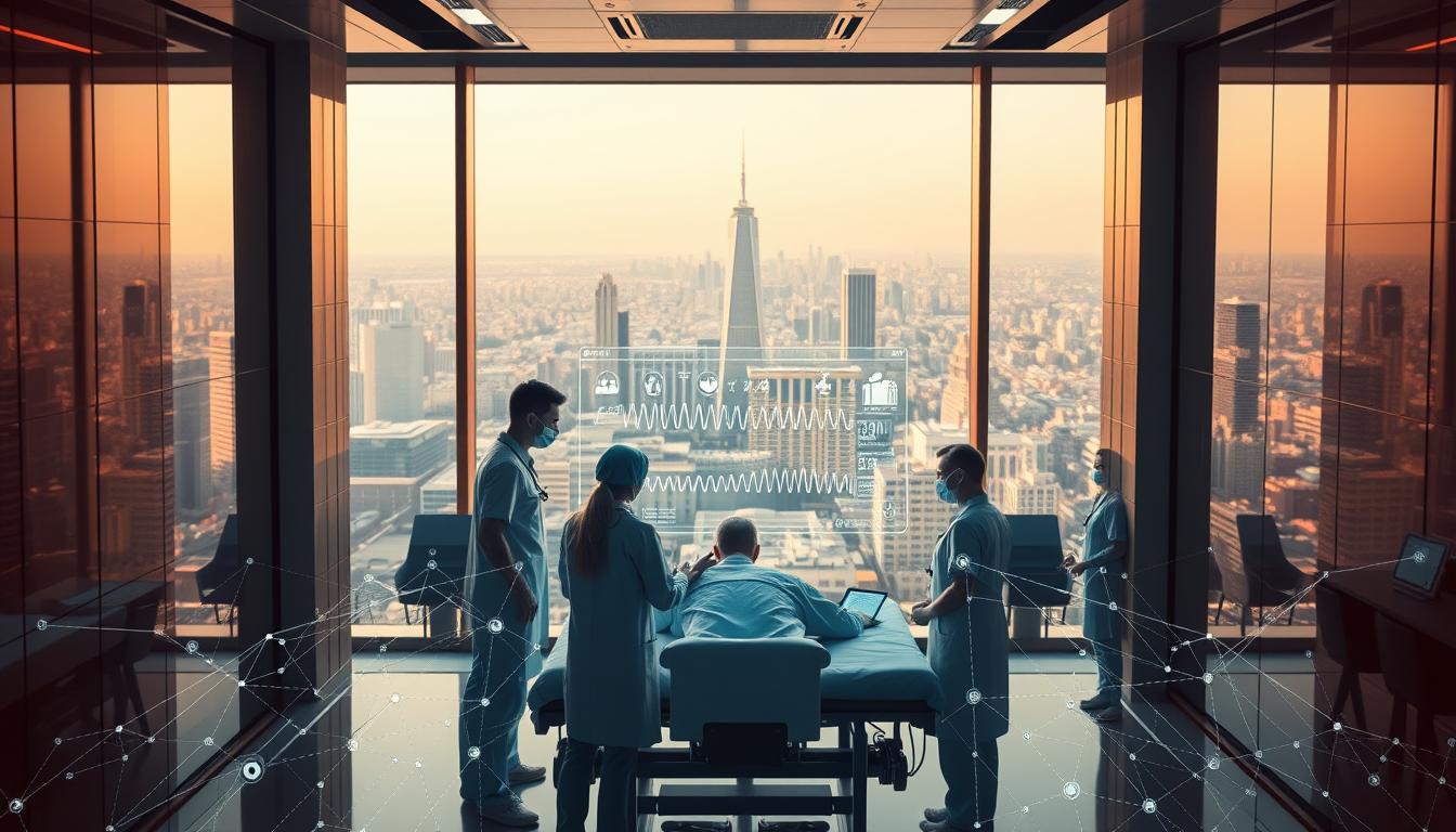 A futuristic medical facility with sleek, minimalist architecture and gleaming glass walls. In the foreground, a team of healthcare professionals monitor a patient's vital signs on a large, holographic display. Intricate networks of sensors and medical devices seamlessly integrate with the room's intelligent systems, providing real-time data and personalized treatment recommendations. In the background, a panoramic view of a bustling city skyline, symbolizing the integration of urban IoT infrastructure with healthcare innovations. Warm, natural lighting filters through the windows, creating a serene, calming atmosphere. The overall scene conveys the seamless, efficient, and patient-centric future of IoT-enabled healthcare.
