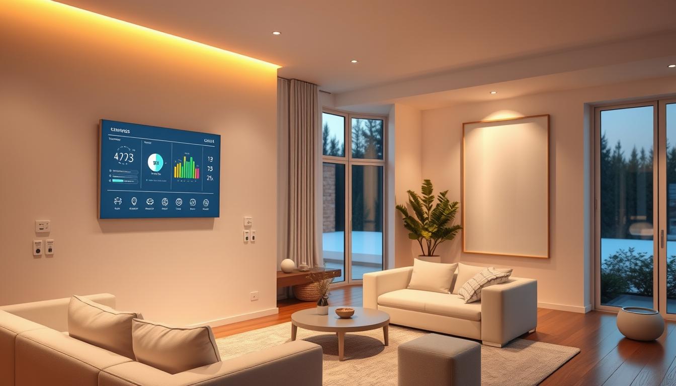 A modern, sleek smart home interior with integrated lighting, climate, and home automation controls. Warm, indirect LED lighting illuminates the space, casting a cozy, energy-efficient glow. A high-tech control panel on the wall displays real-time energy usage data and customizable settings for the home's various systems. Minimalist, white furniture and neutral tones create a calming, minimalist ambiance. Large windows bathe the room in natural light, harnessing passive solar energy. Subtle, futuristic accents like sleek voice-activated assistants and discreet sensors blend seamlessly into the decor. The overall impression is one of efficiency, comfort, and technological harmony.