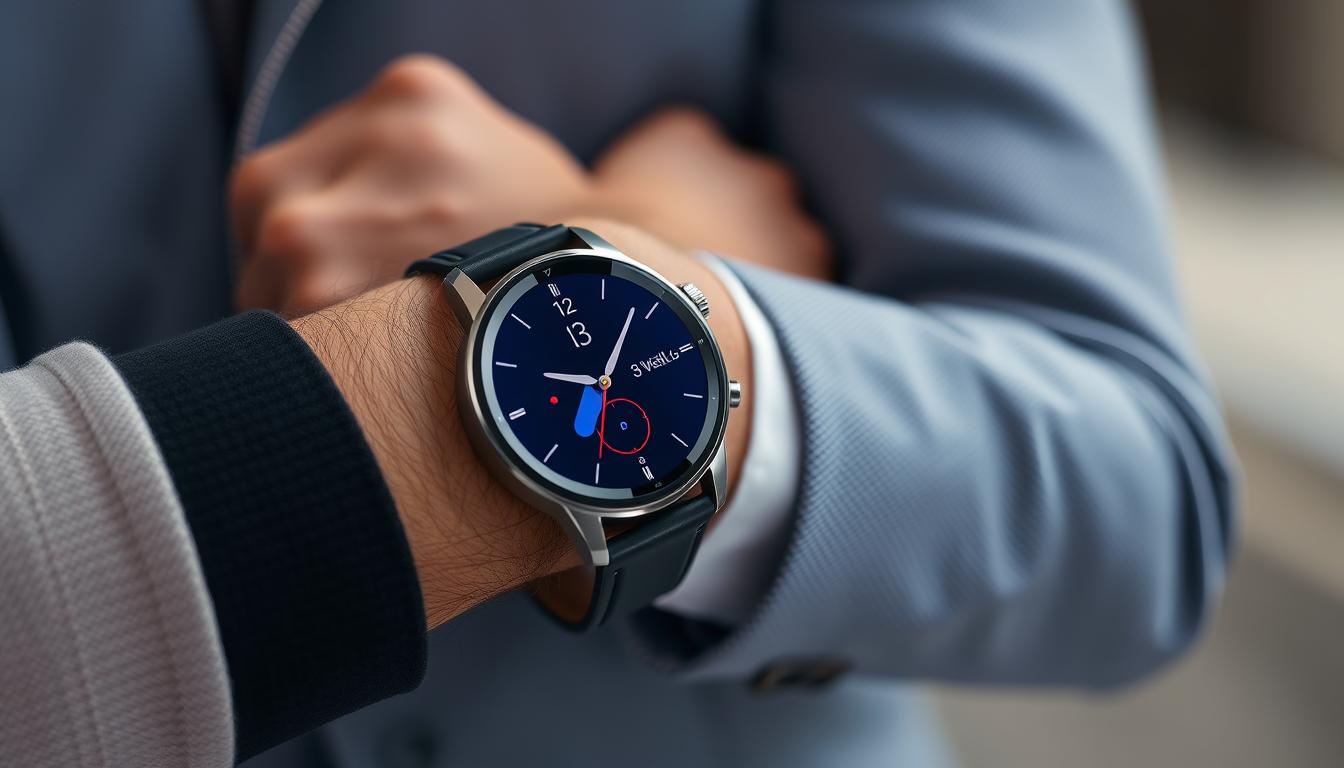 Generate an image of the OnePlus Watch3 on a modern wrist, showcasing its sleek design and vibrant display.