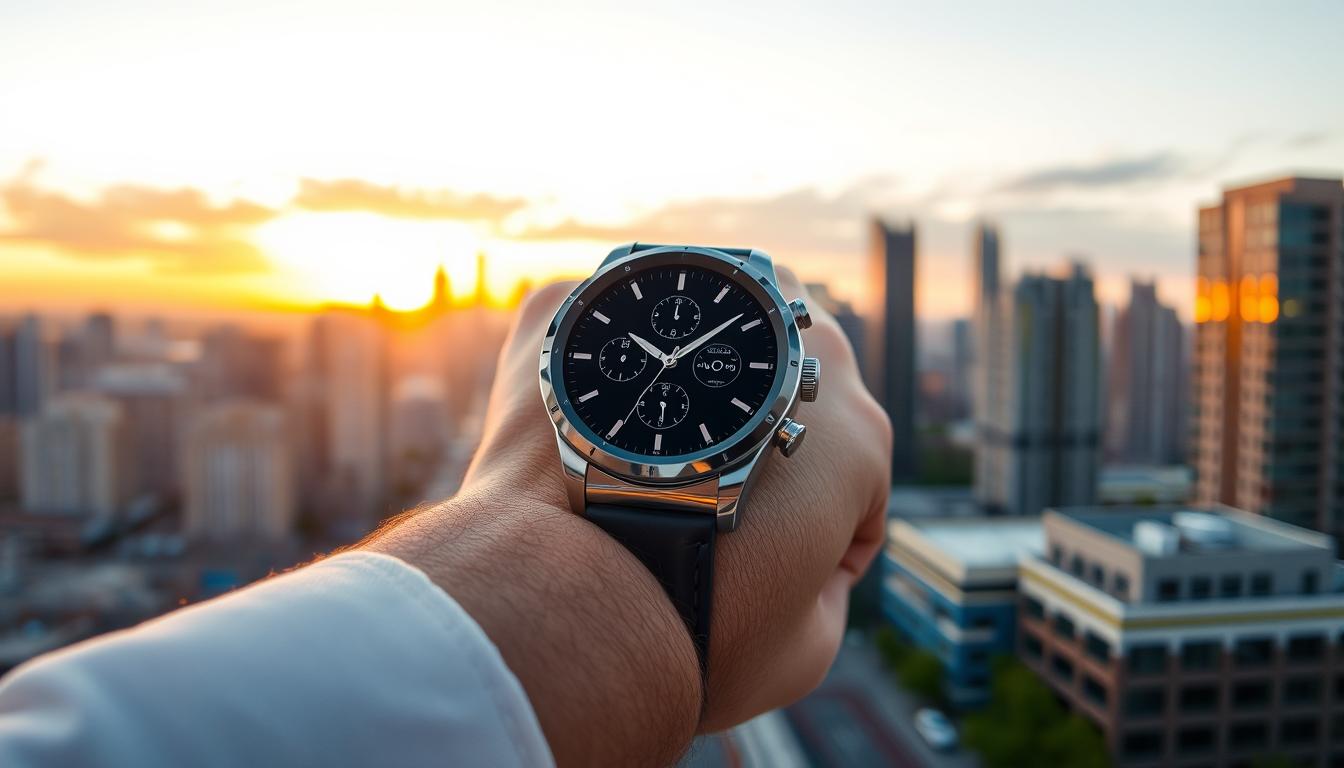 Generate an image of the Samsung Galaxy Watch Ultra on a wrist, with a cityscape in the background.