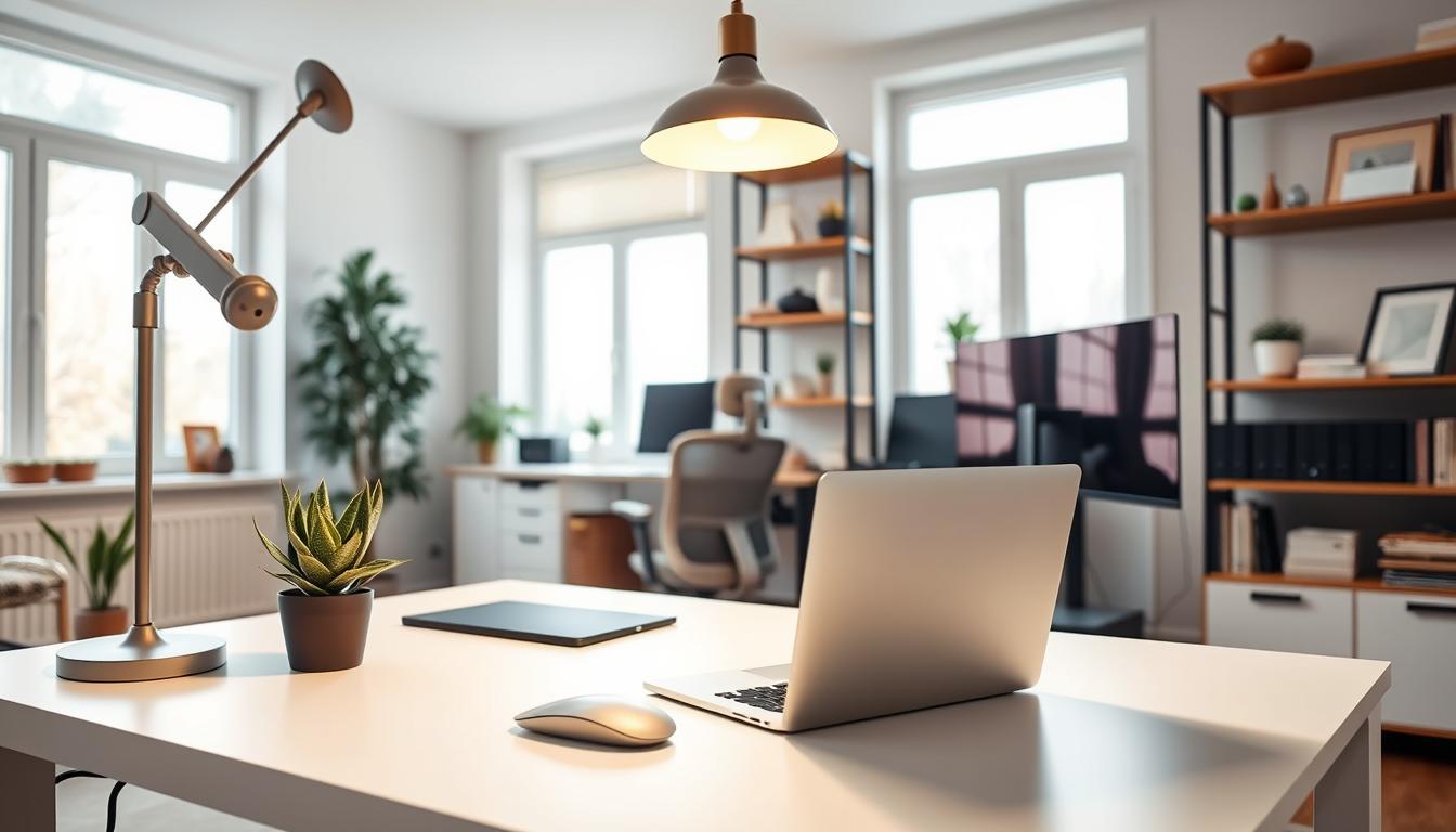 A well-organized remote work setup in a cozy home office. In the foreground, a minimalist white desk with a sleek laptop, wireless mouse, and a succulent plant. Overhead, a modern industrial-style lamp casts warm, diffused lighting. In the middle ground, a comfortable ergonomic chair and a large monitor on a height-adjustable arm. The background features a wall of wooden shelves displaying books, decorative objects, and a small potted plant. Large windows allow natural light to flood the space, creating a serene and productive atmosphere. The entire scene is captured from a slightly elevated angle, conveying a sense of order and efficiency.