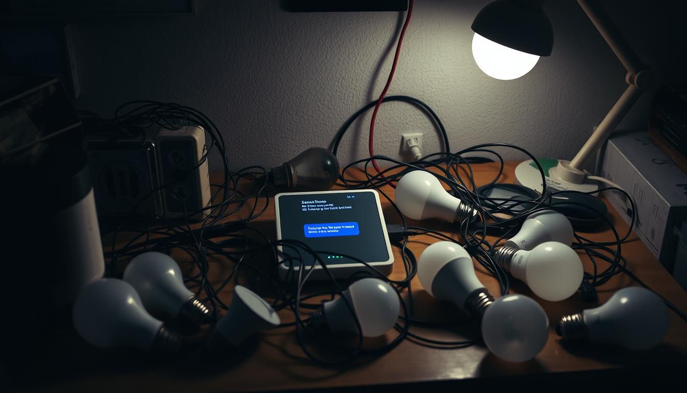 A cluttered desk with a smart home hub and various smart light bulbs connected via tangled wires. The hub's display shows an error message, indicating connectivity issues. The lightbulbs are scattered around, some dimly lit, others not responding. The room is shrouded in a dim, frustrated atmosphere, with shadows cast across the scene, highlighting the technological frustration. The composition emphasizes the disorganized, overwhelmed nature of the setup, conveying the sense of a common smart home problem.
