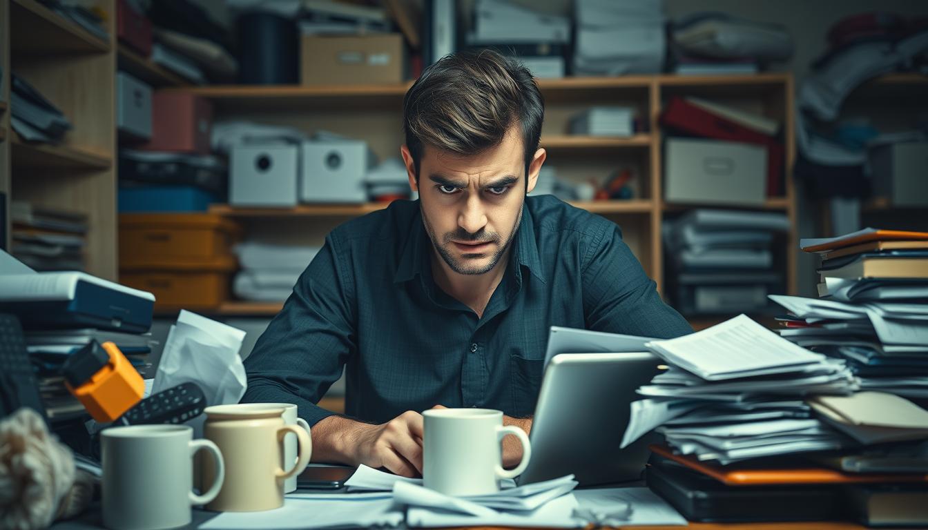 A person sitting at a desk, overwhelmed by a chaotic array of digital devices, papers, and coffee mugs. Their expression is one of distress, with furrowed brows and a pained look. The room is dimly lit, creating a sense of claustrophobia, with a cluttered background of shelves and office supplies. The composition emphasizes the feeling of being trapped in a state of cognitive overload, the individual struggling to maintain focus and control amidst the distractions and demands of modern work life.