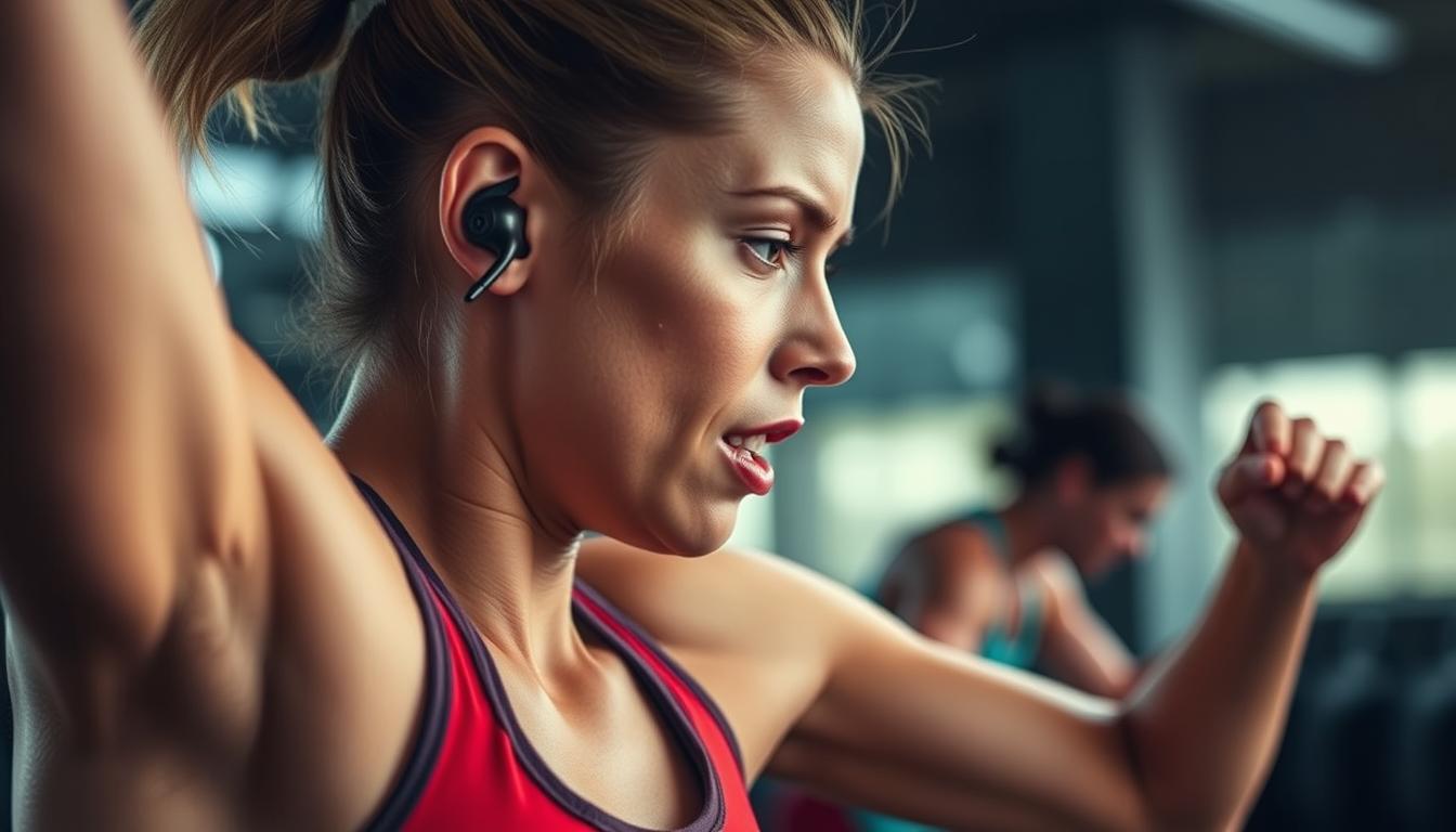 Generate an image of wireless earbuds with ear hooks being worn during a workout
