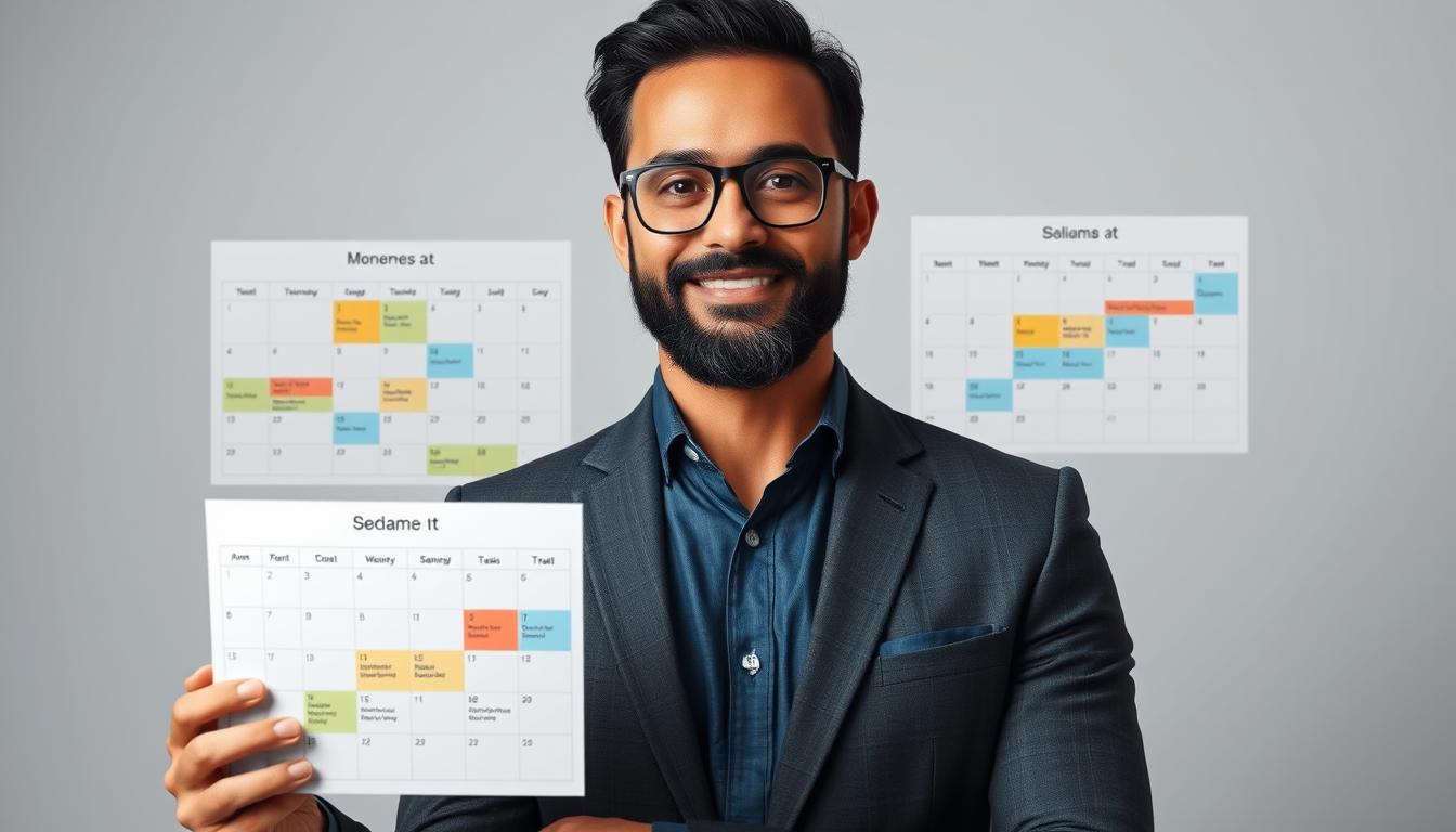 Generate an image of a professional managing multiple calendars on Reclaim.ai, with time blocks highlighted for different tasks.