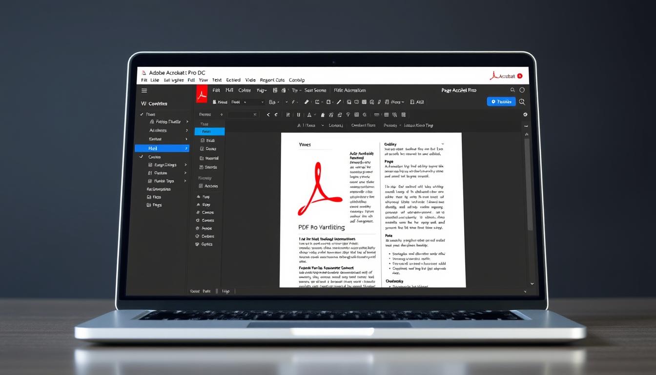 Generate an image of Adobe Acrobat Pro DC interface on a laptop screen, highlighting its PDF editing features.
