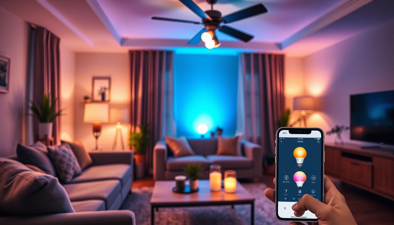 Modern living room with smart lighting in various colors