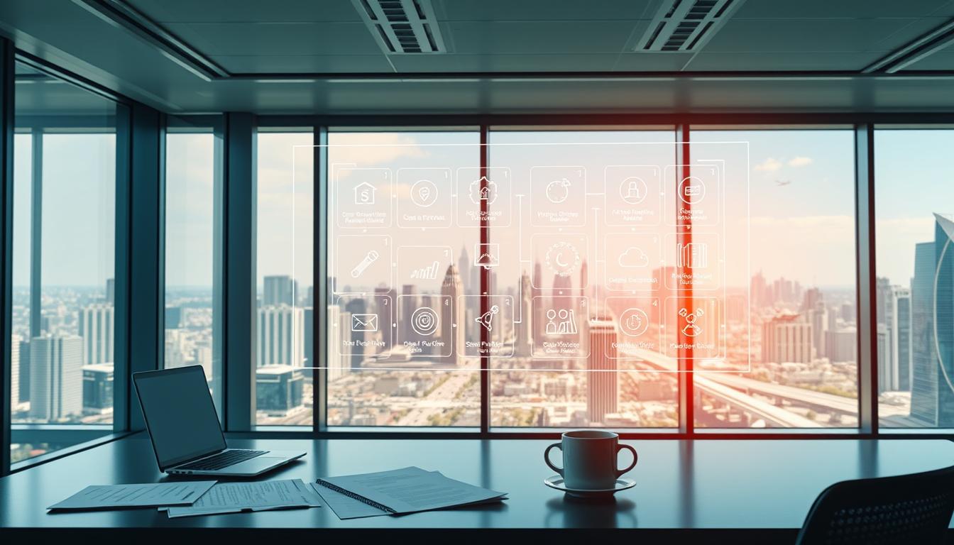 A sleek, futuristic office space with floor-to-ceiling windows overlooking a bustling city skyline. In the foreground, a desk with a laptop, papers, and a coffee mug, symbolizing the daily tasks that can be automated. In the middle ground, a holographic interface displays various AI-powered automation tools and workflows, with icons and visualizations. The background features a cityscape with skyscrapers and flying vehicles, conveying a sense of technological advancement. The lighting is bright and natural, creating a sense of openness and innovation. The overall mood is one of efficiency, productivity, and the seamless integration of AI into everyday work.