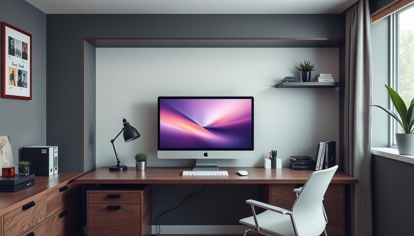 Image of a mini PC or all-in-one computer in a home office setup