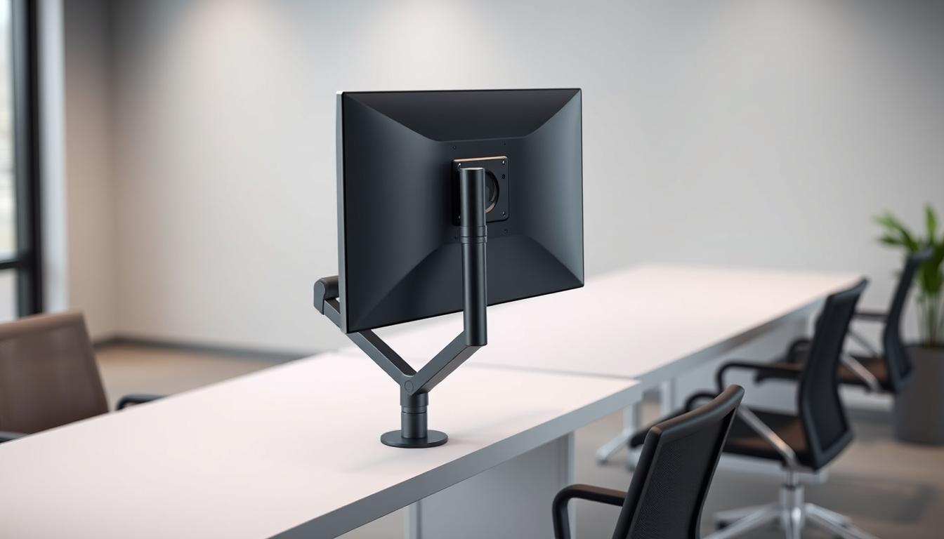 Generate an image of the Ergotron LX Premium Monitor Arm attached to a desk with a monitor.