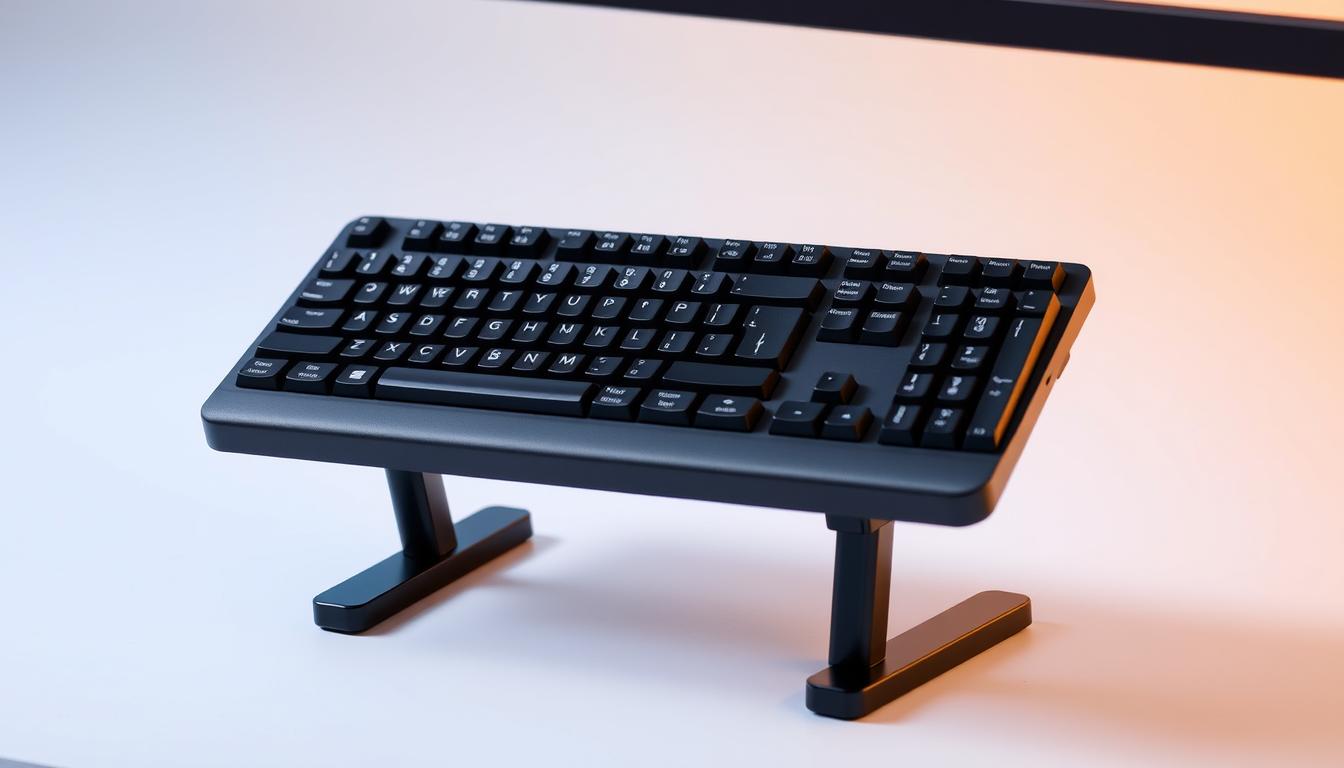An ergonomic keyboard with a split design and adjustable height settings.